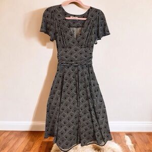 dressbarn Brown and Blue Ruffled Wrap Midi Dress